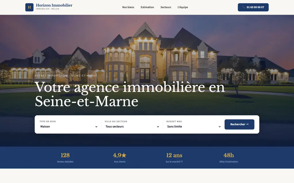 Aperçu du site agent immobilier — exemple Horizon Immobilier