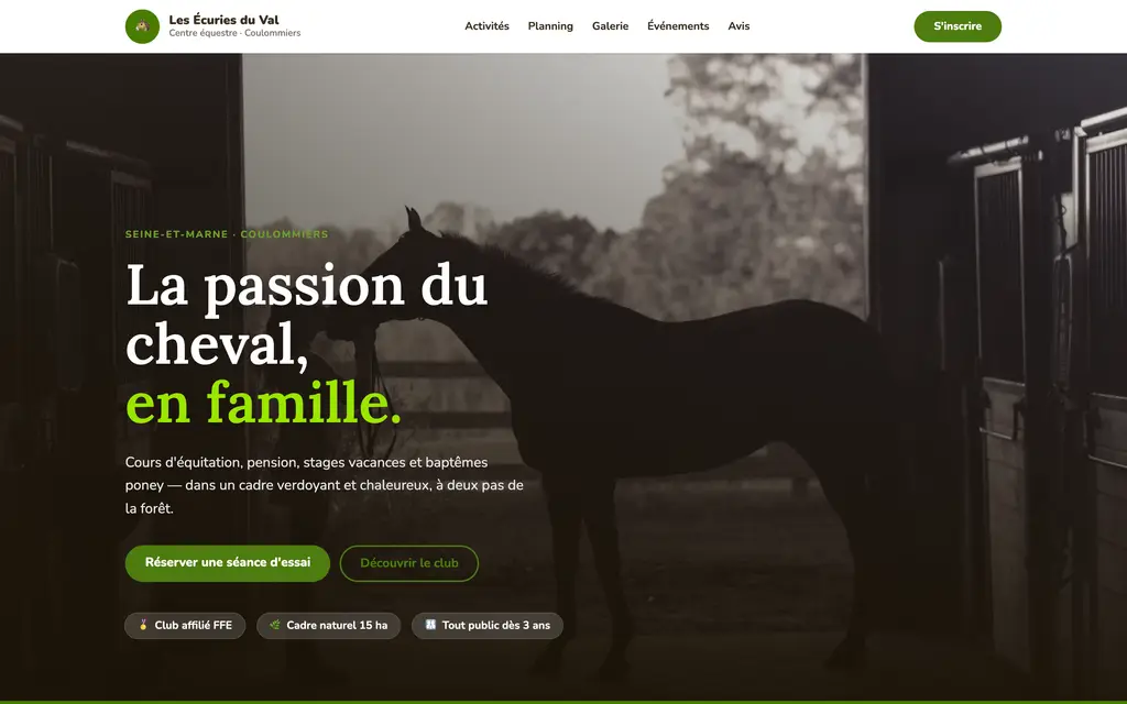 Aperçu du site centre équestre — exemple Les Écuries du Val