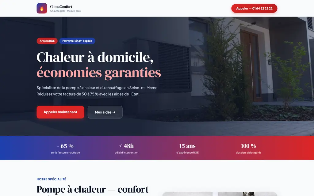 Aperçu du site chauffagiste — exemple ClimaConfort