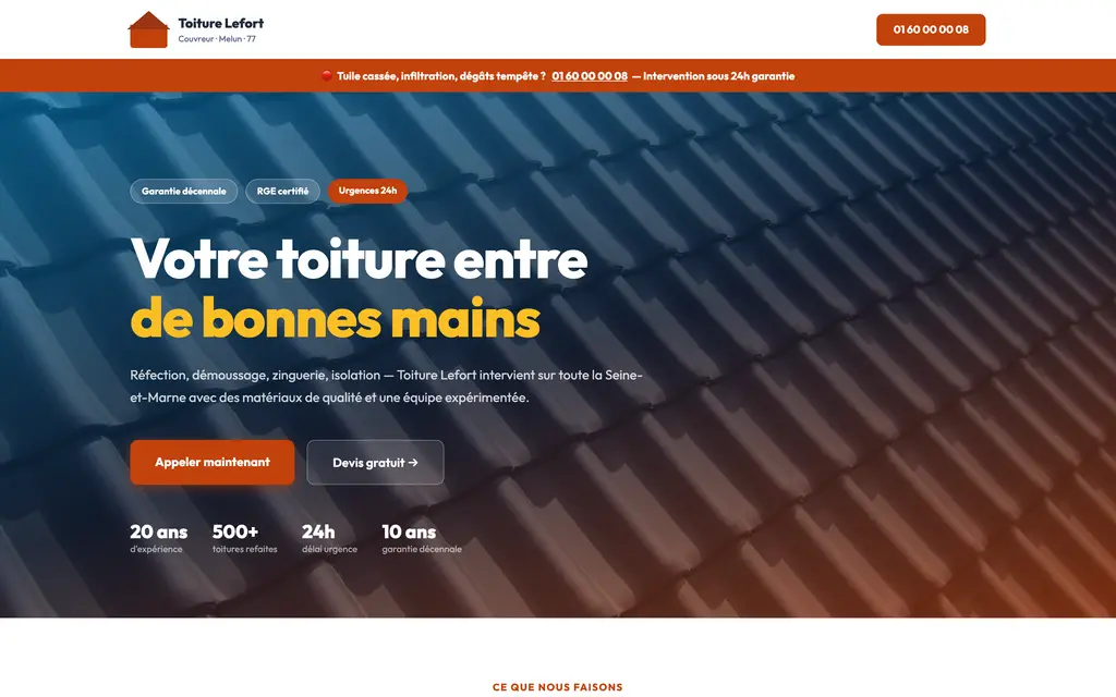 Aperçu du site couvreur — exemple Toiture Lefort