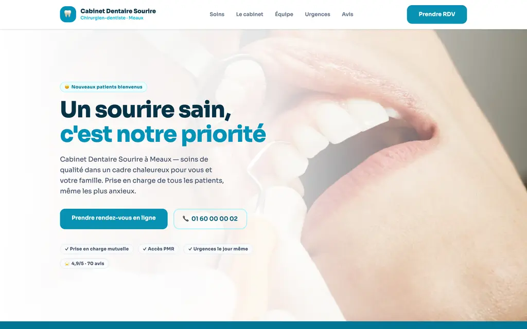 Aperçu du site dentiste — exemple Cabinet Dentaire Sourire
