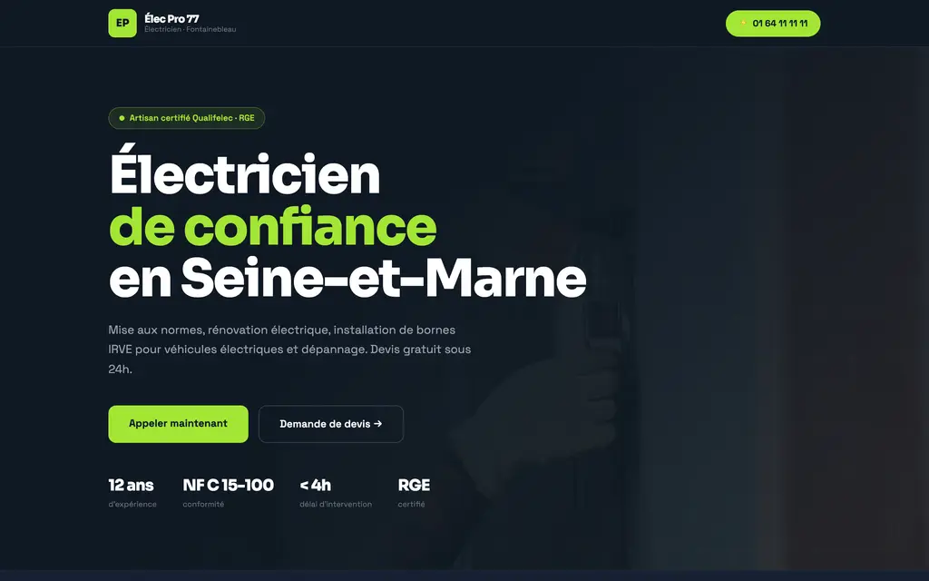 Aperçu du site électricien — exemple Élec Pro 77