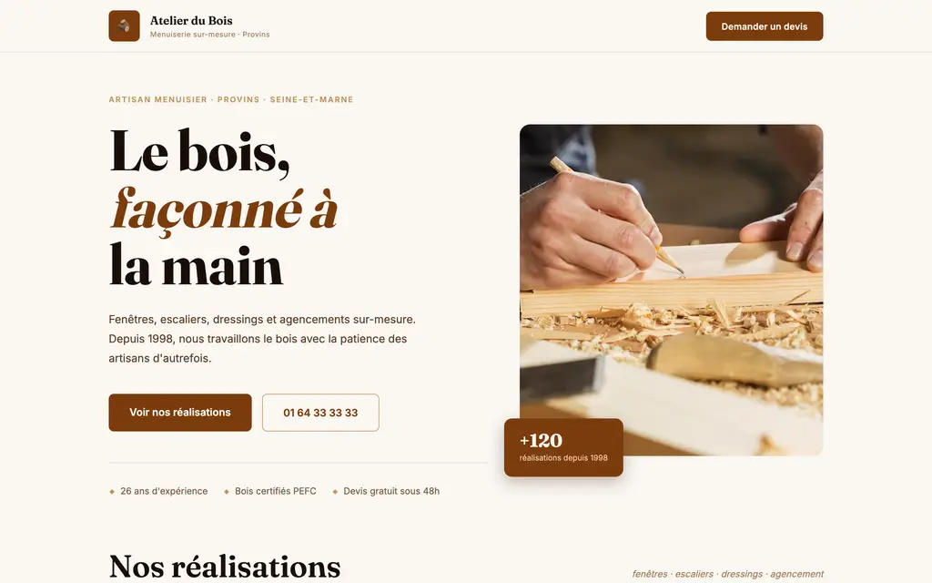 Aperçu du site menuisier — exemple Atelier du Bois