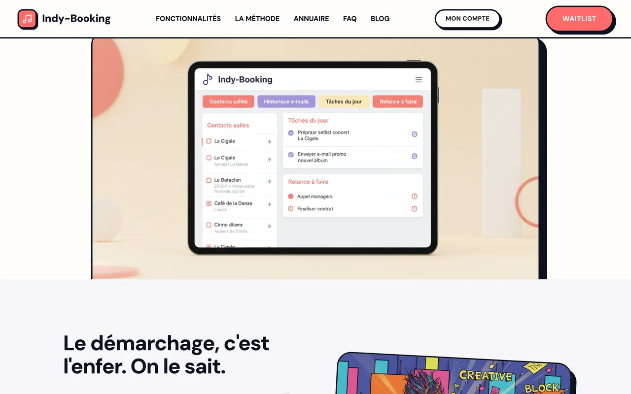 Aperçu de l'application Indy-Booking : contacts salles, historique e-mails et tâches du jour