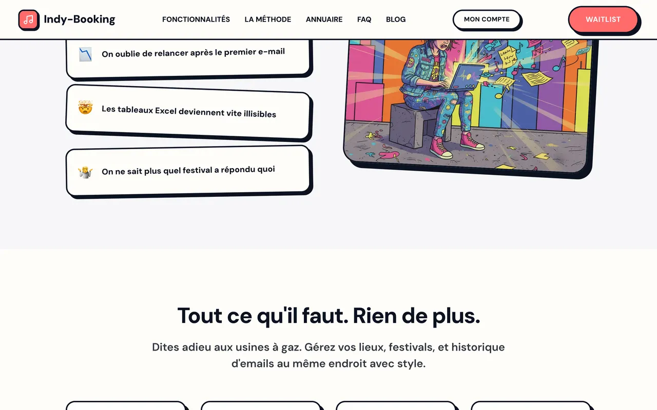 Section problème : oublis de relance, tableurs Excel illisibles, suivi des festivals