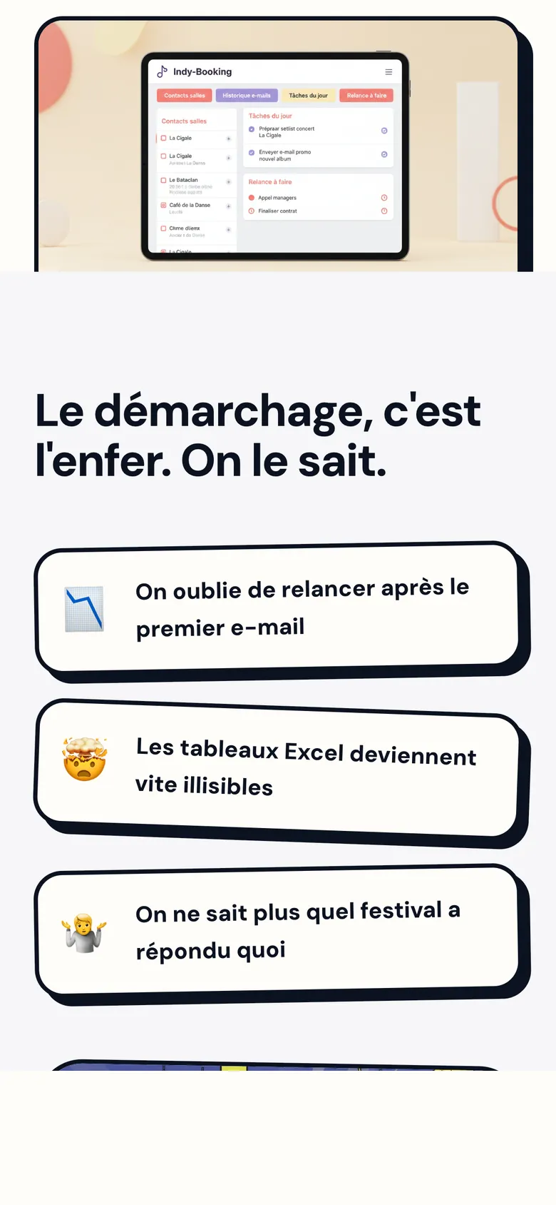 Version mobile d'Indy-Booking présentant les problèmes résolus par l'outil