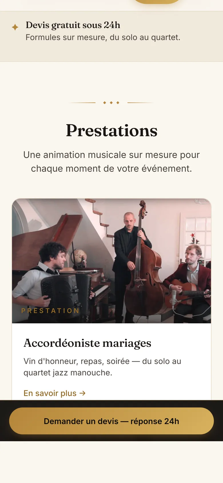 Version mobile de jeremy-dutheil.fr avec la liste des prestations
