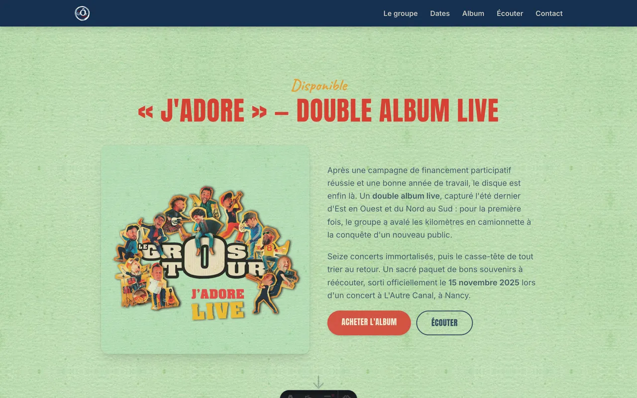 Section album : double album live « J'Adore » avec pochette et bouton d'achat